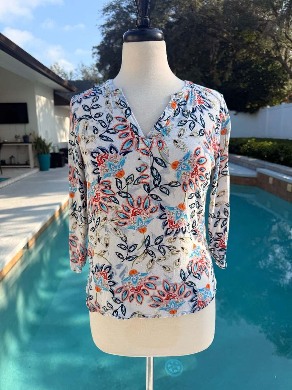 Daniel Rainn Women's Floral Print Split Neck 3/4 Sleeve Blouse